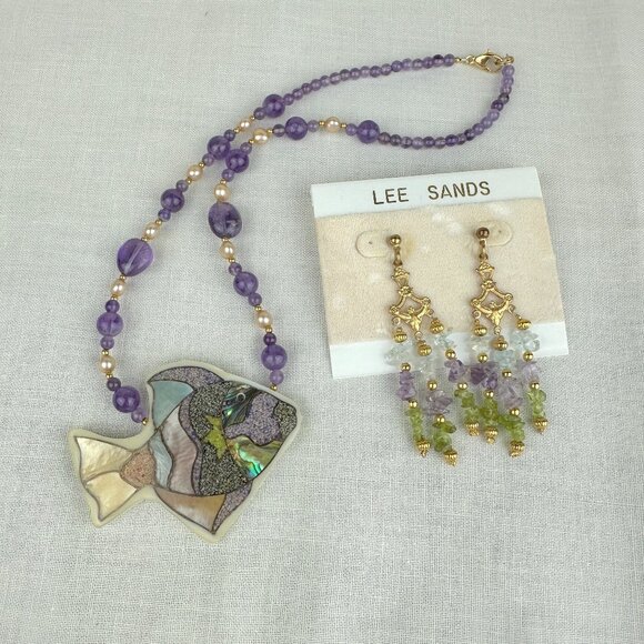 VTG Lee Sands Purple Amethyst MOP Pearl Fish Necklace and Dangle Earrings - Picture 1 of 7